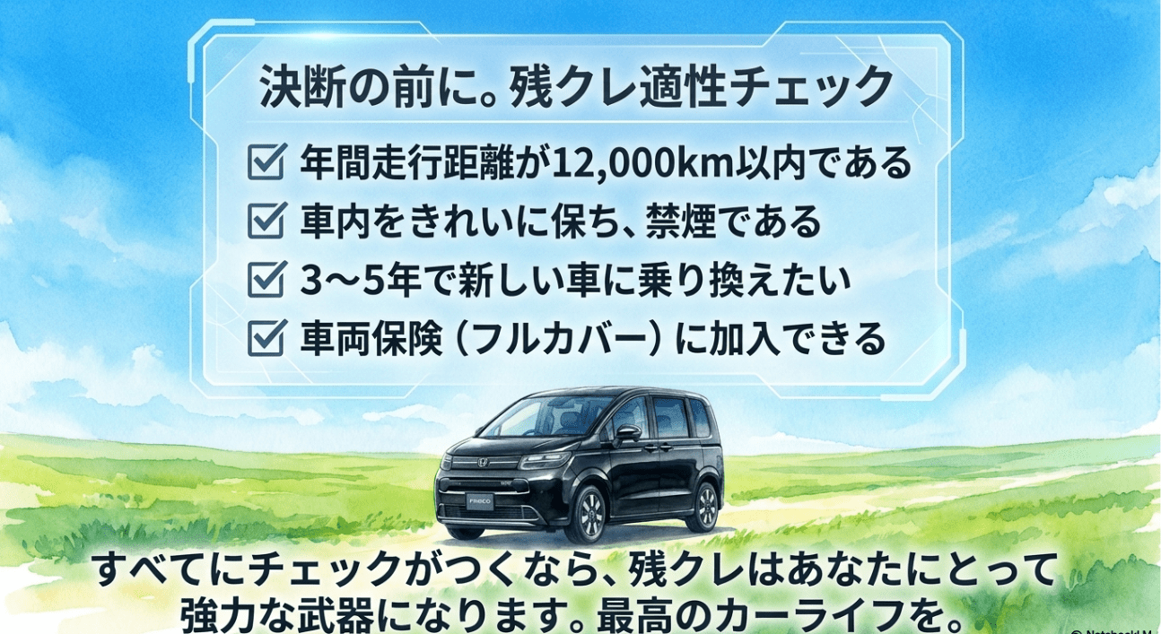 フリード残クレ適性チェック。年間走行距離、禁煙、3〜5年での乗り換え、車両保険加入を確認するチェックリスト