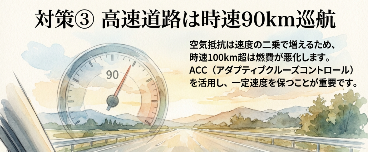 高速道路で時速90km巡航とACCを活用し、空気抵抗を抑えて燃費を伸ばすコツ