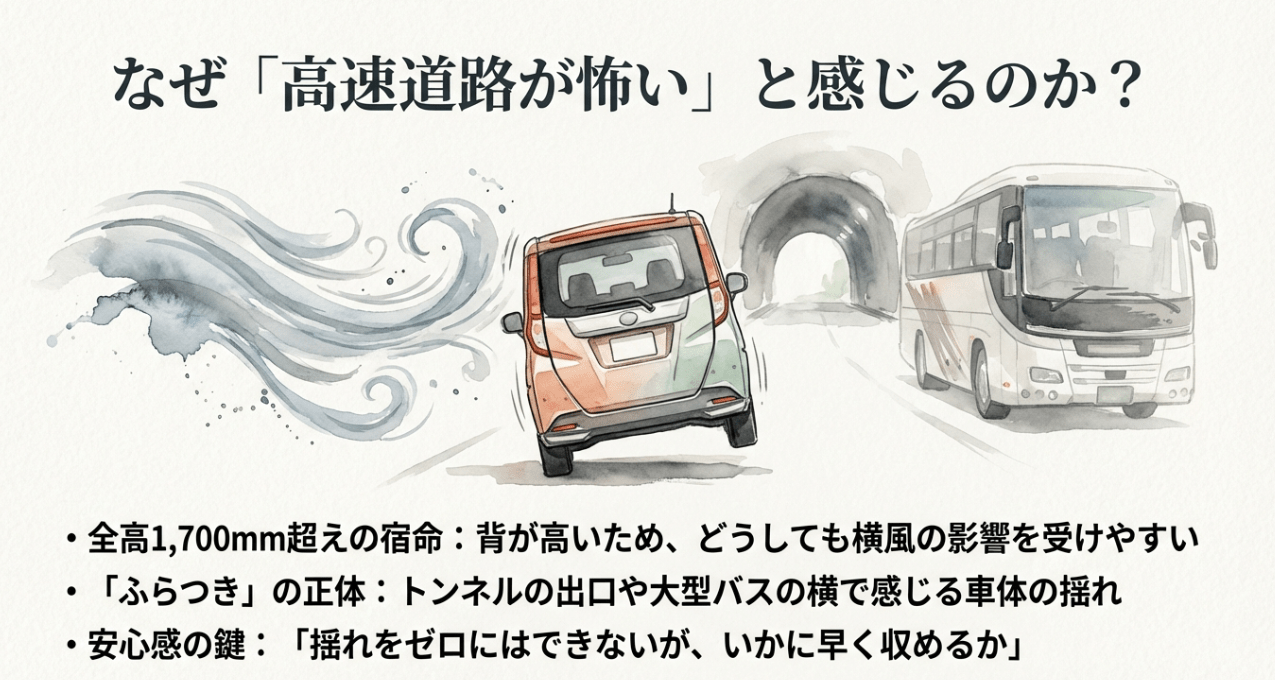 高速道路で怖いと感じる原因の解説。全高1700mm超えによる横風の影響や車体のふらつきについて。