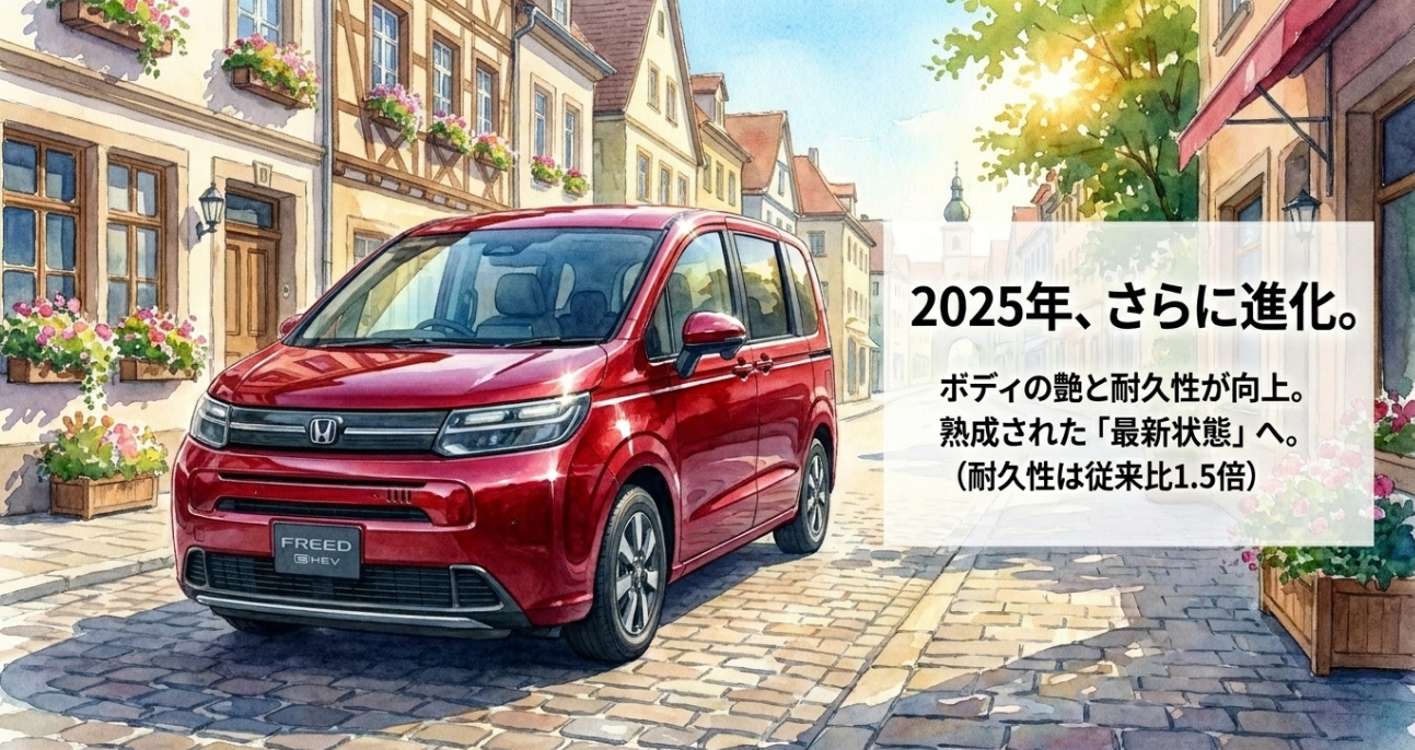 2025年のフリード一部改良を説明するスライド。赤いフリードとともに、ボディの艶感向上と耐久性1.5倍以上の改良ポイントが示されている。