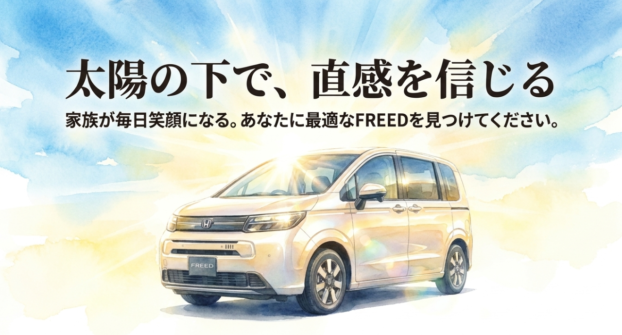 太陽の下で直感を信じて家族に合うホンダフリードの最適な色を選ぶことを促すスライド