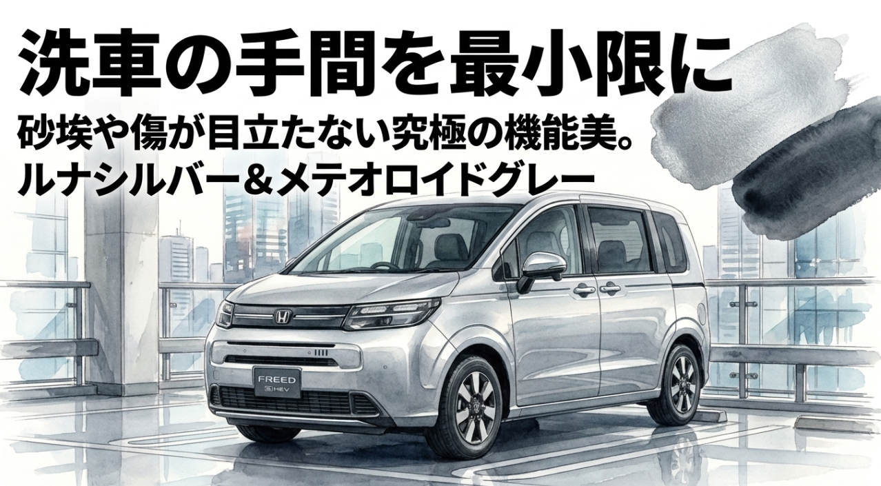ホンダフリードのルナシルバーとメテオロイドグレーは砂埃や傷が目立ちにくく洗車の手間を抑えやすいことを示すスライド