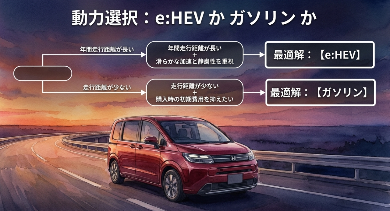 年間走行距離や静粛性重視ならeHEV、初期費用重視ならガソリンが向くと整理した選択フロースライド