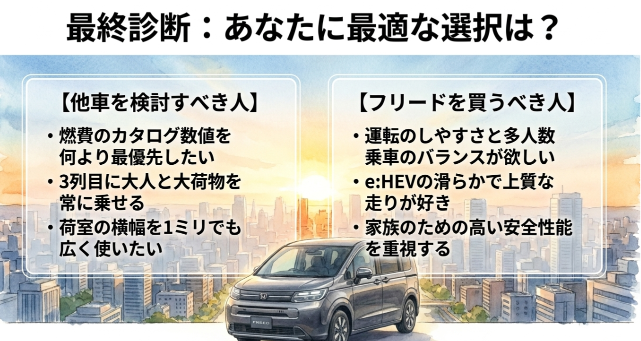 フリードを買うべき人と他車を検討すべき人の特徴を対比し、最終判断を促す総まとめスライド