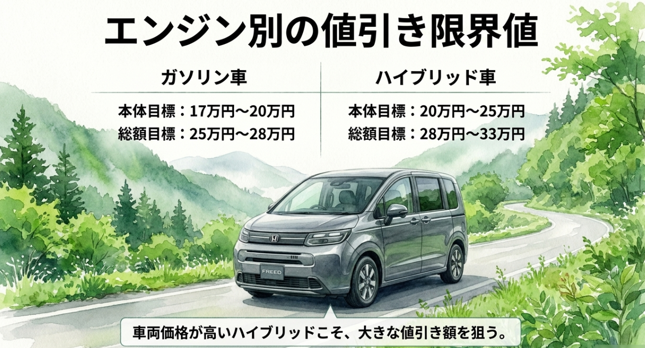 フリードのガソリン車とハイブリッド車における値引き限界目標の違い