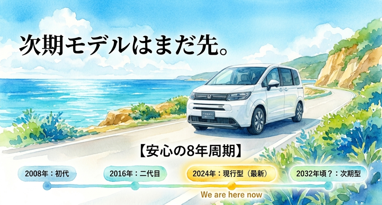 フリードのモデルチェンジ周期を示すタイムライン。2008年の初代、2016年の2代目、2024年の現行型、2032年頃の次期型予想が並ぶスライド。