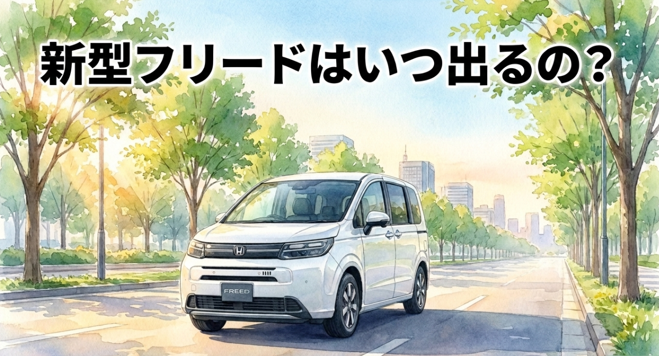 新型フリードはいつ出るのかをテーマにした導入スライド。木々が並ぶ道路を走る白いホンダ・フリードのイメージ。