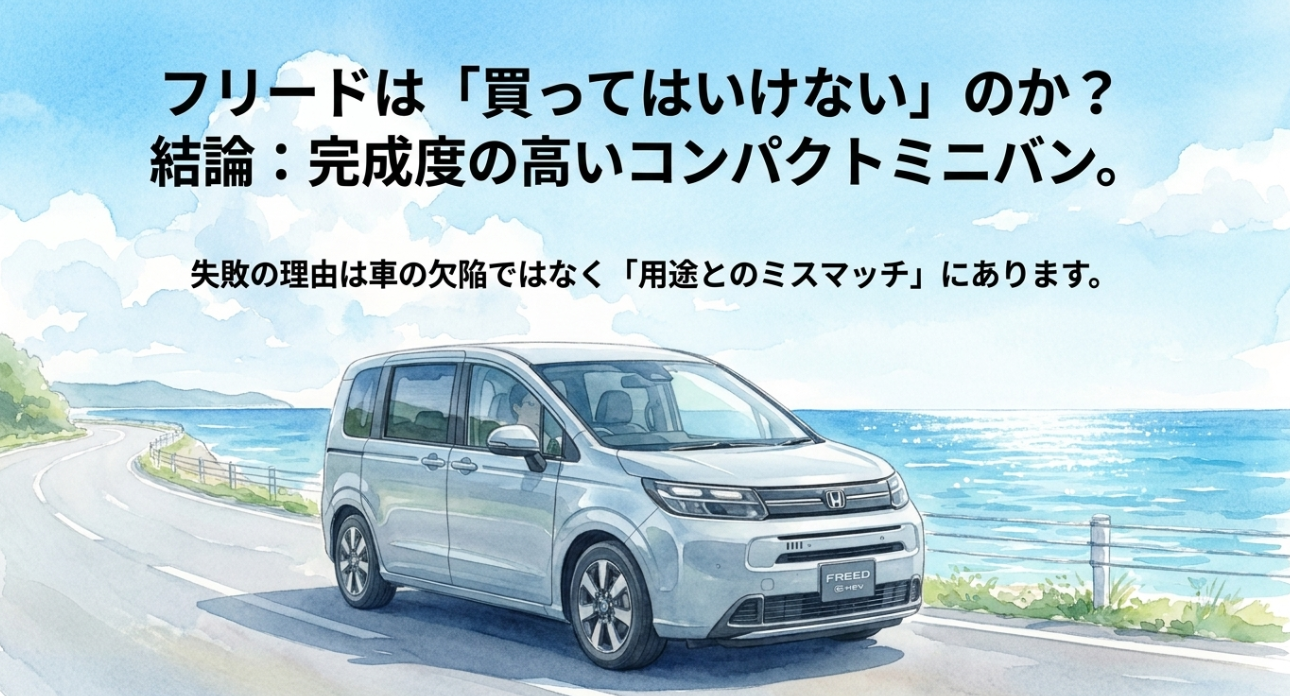 フリードは買ってはいけないのかという疑問に対し、完成度の高いコンパクトミニバンだと結論づける表紙スライド