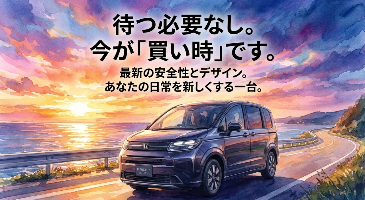 現行フリードは待たずに買ってよいという結論を示すスライド。夕景の海沿い道路を走るフリードとともに、今が買い時であることが強調されている。