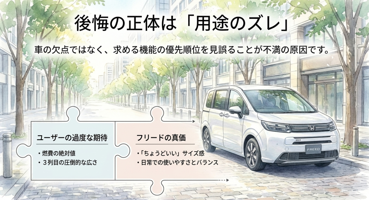 フリードの後悔は車の欠点ではなく用途のズレが原因だと説明し、過度な期待と実際の価値を対比したスライド