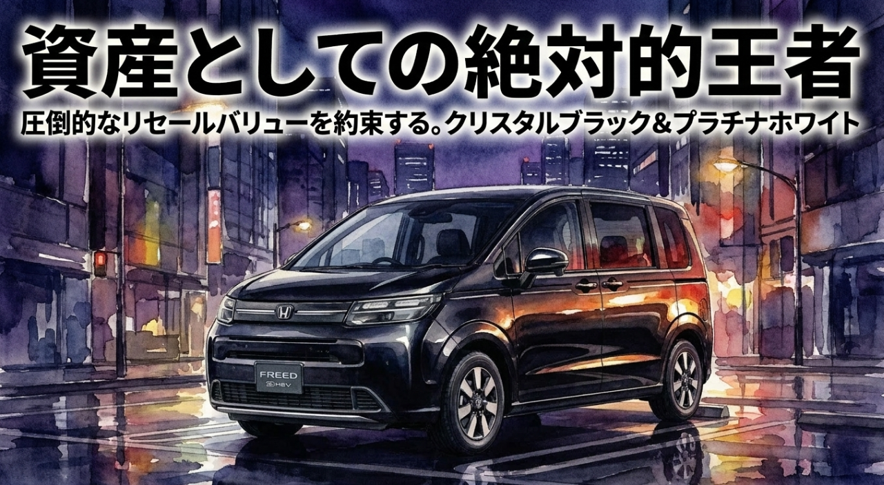 ホンダフリードのクリスタルブラックとプラチナホワイトはリセールバリューを重視する人に向く定番カラーであることを示すスライド