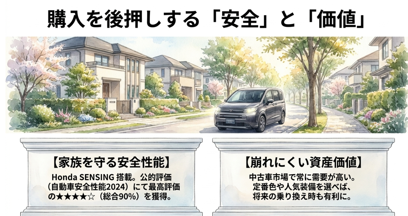 Honda SENSINGによる安全性能と中古車市場での価値の安定性を、購入後の安心材料として示したスライド