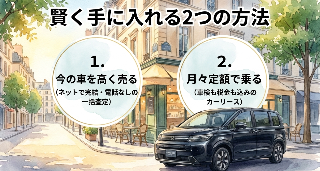 フリードを賢く手に入れる方法を示すスライド。今の車を高く売る方法と、月々定額のカーリースという2つの選択肢が紹介されている。