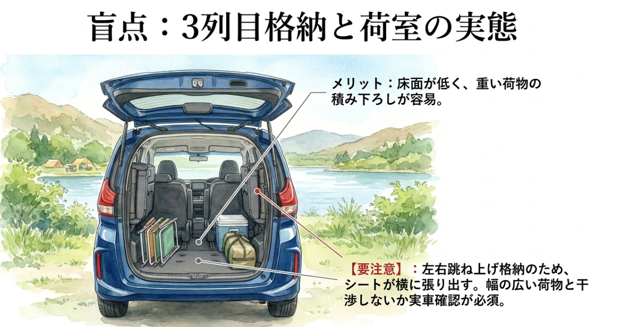 フリードの3列目シートを跳ね上げ収納した際の荷室の実態と、横幅への影響を示したスライド