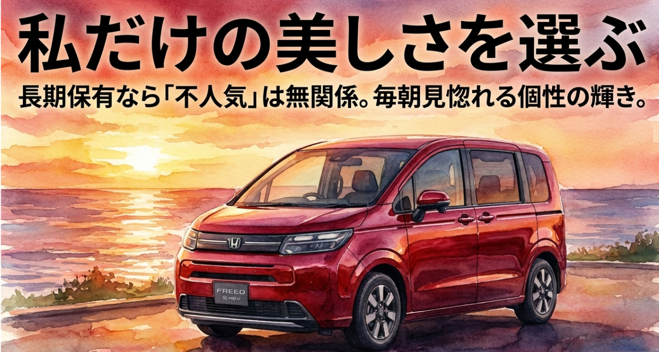 ホンダフリードのプレミアムクリスタルガーネットなど個性的な色は長期保有なら自分らしさを楽しめることを示すスライド