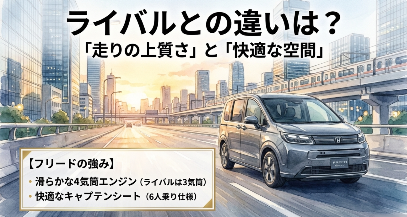 フリードとライバル車の違いを説明する比較スライド。上質な走りや快適な空間、4気筒エンジンと6人乗りキャプテンシートの強みが示されている。