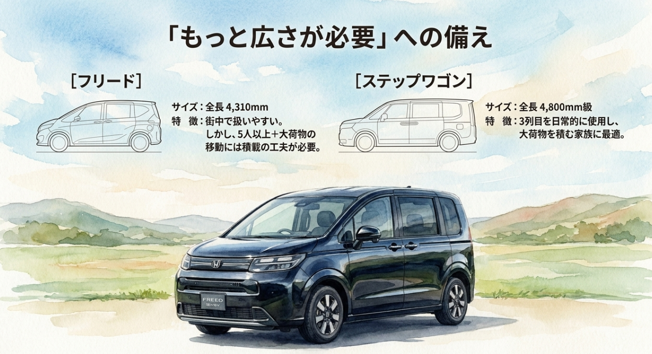 フリードは街中で扱いやすい一方で、より広さが必要ならステップワゴンも比較候補になることを示すスライド
