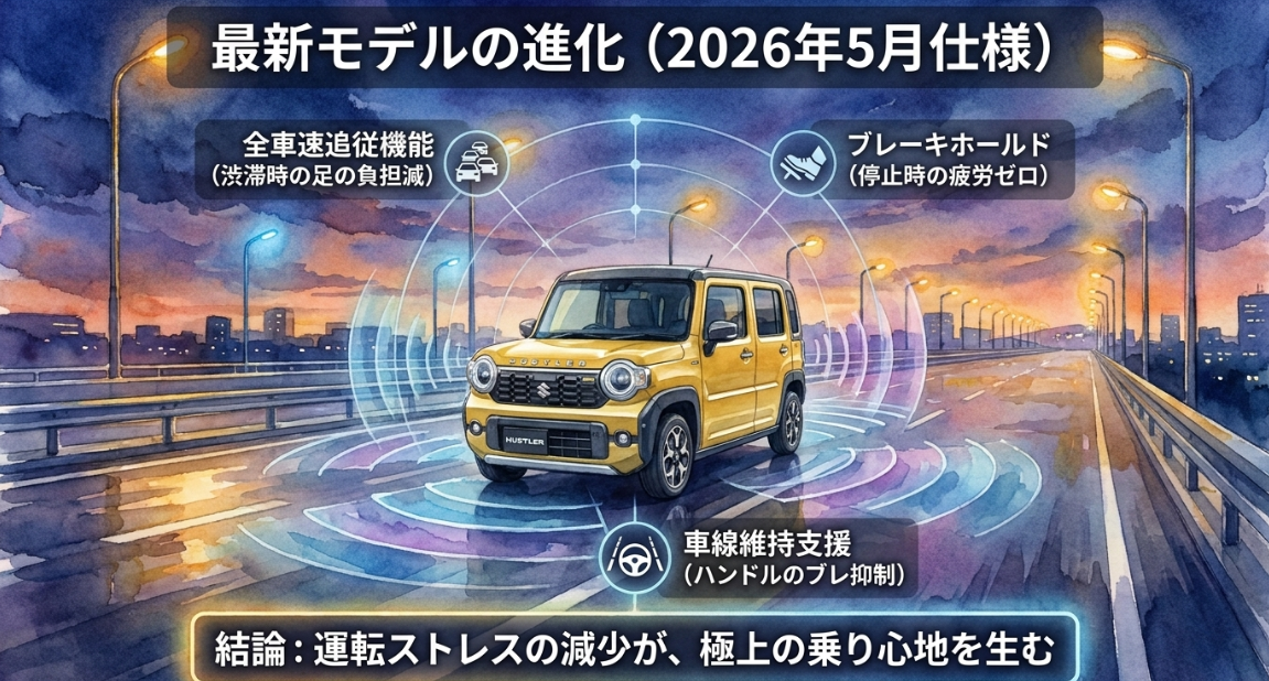 2026年5月仕様のハスラーに搭載された全車速追従機能やブレーキホールドなどの先進安全装備を示した図解