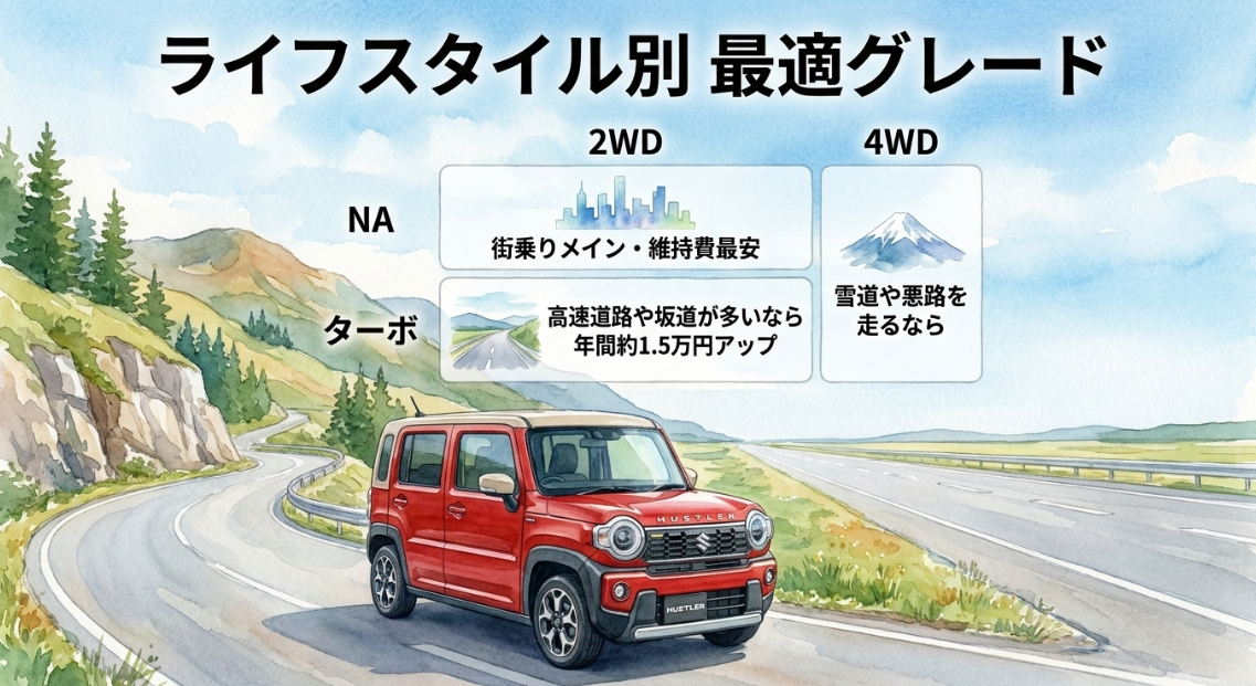 ハスラーのNA・ターボ・2WD・4WDをライフスタイル別に比較