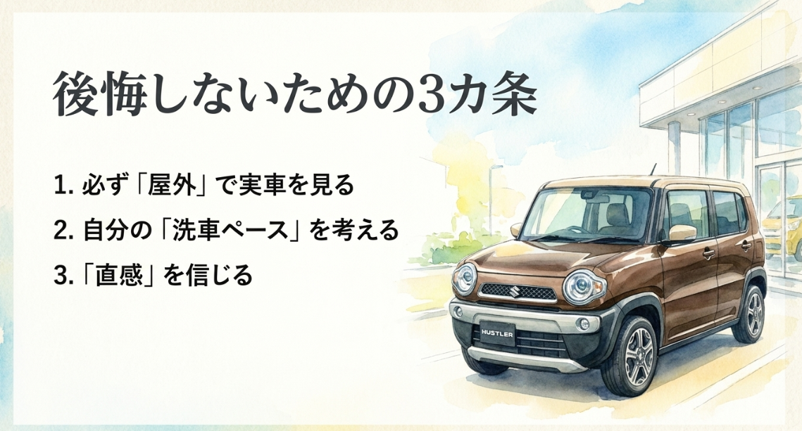 新型ハスラーの色選びで後悔しないための3つのポイントをまとめたスライド