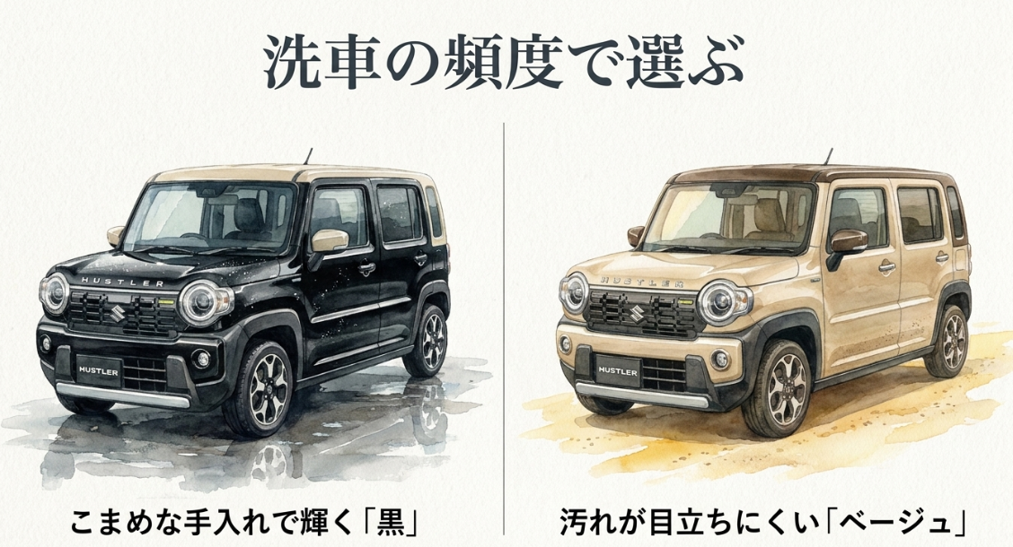 新型ハスラーの黒とベージュを洗車頻度や汚れの目立ちやすさで比較したスライド
