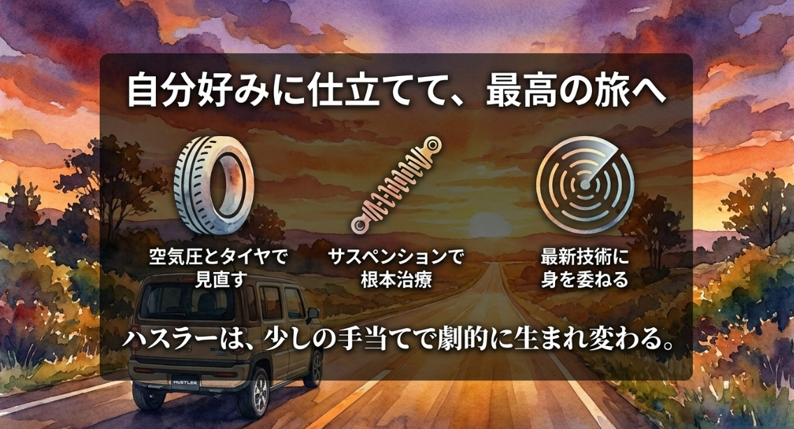 空気圧とタイヤ、サスペンション、最新技術でハスラーの乗り心地を自分好みに改善する方法をまとめた図解