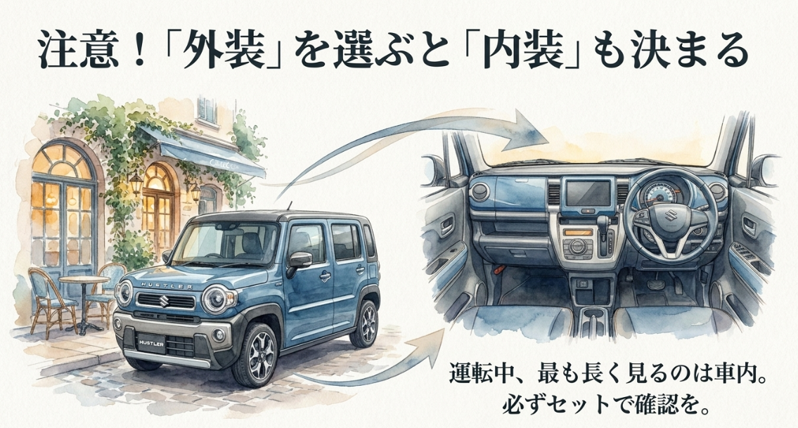 新型ハスラーの外装色と内装色の組み合わせを確認する重要性を解説したスライド