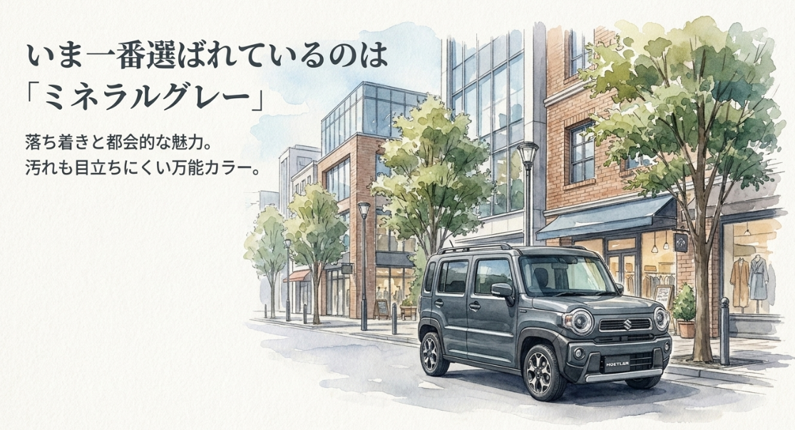 新型ハスラーの地域実受注で1位となったミネラルグレーメタリックを紹介するスライド