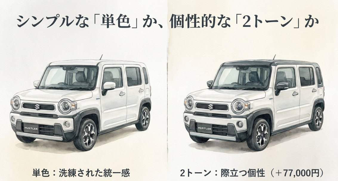 新型ハスラーのモノトーンと2トーンの見た目や特徴を比較したスライド
