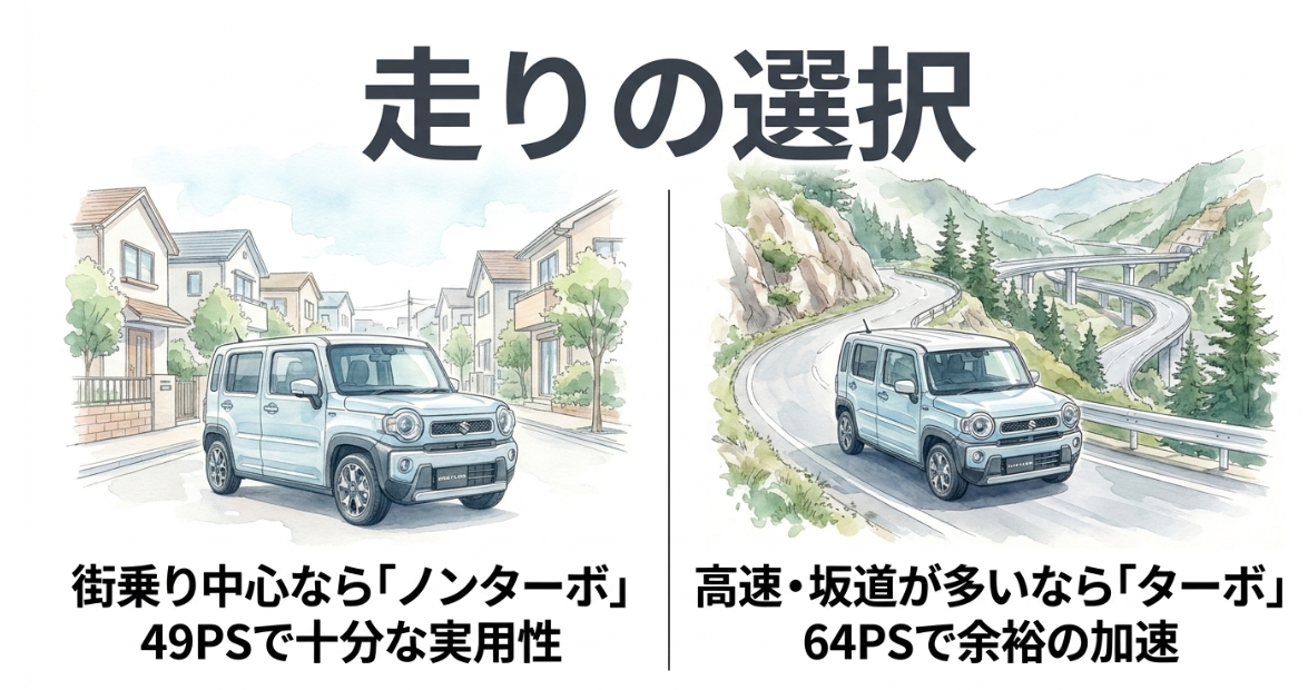 ハスラーのノンターボとターボを街乗りや高速道路などの用途別に比較