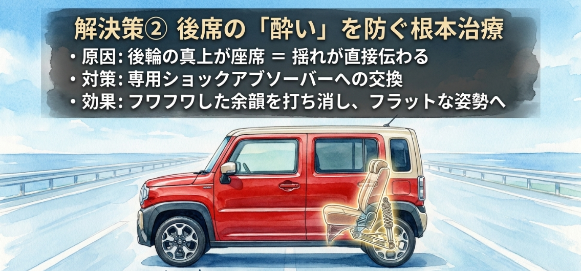 ハスラー後席の揺れや車酔いの原因と、専用ショックアブソーバー交換による改善効果を示した図解