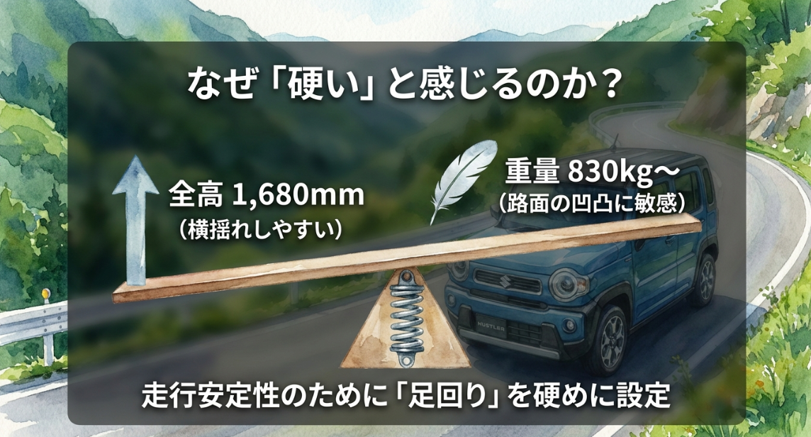 ハスラーの全高1680mmと軽量ボディが乗り心地の硬さにつながる理由を説明した図解
