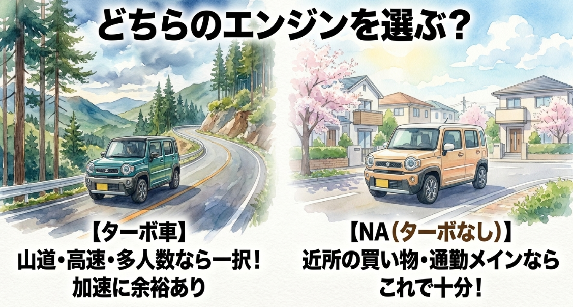 ハスラーのターボ車とNA車を走行用途別に比較した選び方
