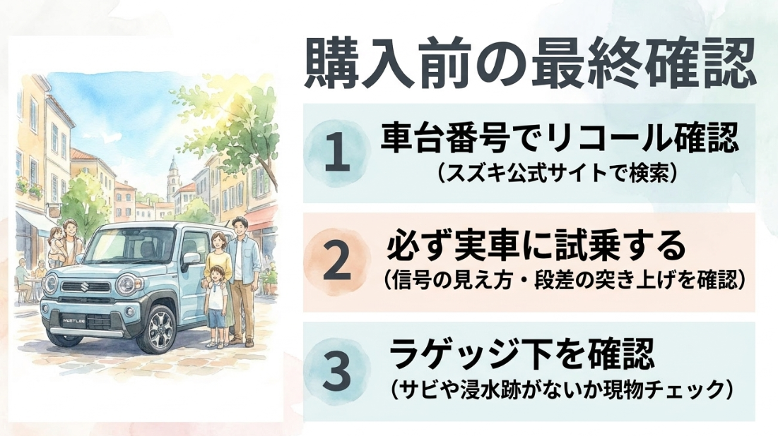 中古ハスラー購入前にリコールと試乗とラゲッジ下を確認する最終チェックリスト
