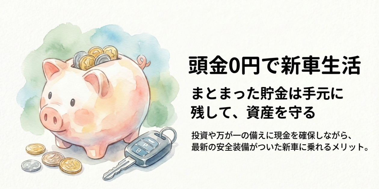 頭金0円で最新の安全装備がついた新車に乗れ、まとまった貯金を手元に残して資産を守れるメリットの解説。