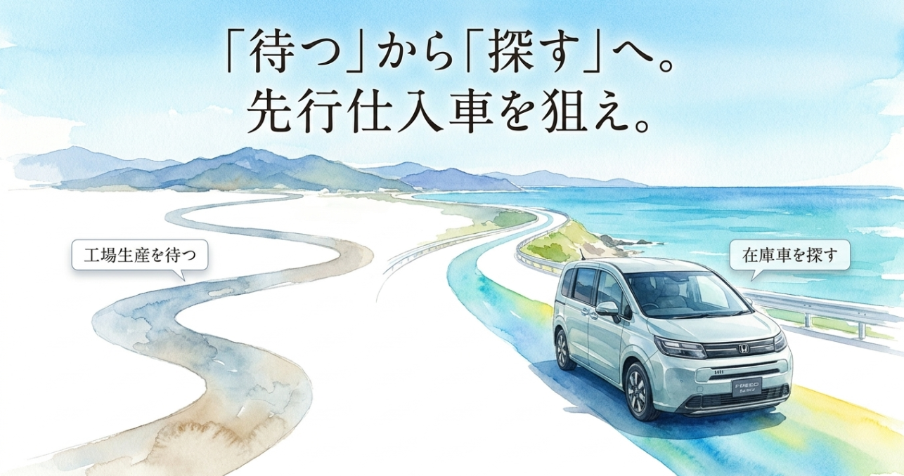 新型フリードの納期短縮には工場生産を待つより在庫車を探すことが重要だと示す図