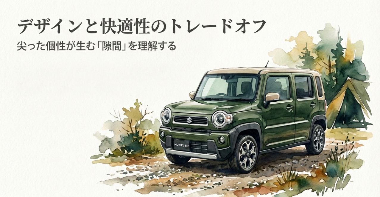 新型ハスラーのデザイン性と快適性のトレードオフを説明するスライド。キャンプ場風の背景とグリーンのハスラーのイラスト入り