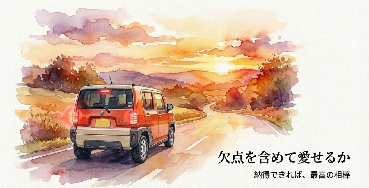 新型ハスラーの結論を示す締めスライド。夕焼けの道を走るハスラーの後ろ姿と「欠点を含めて愛せるか」というメッセージ