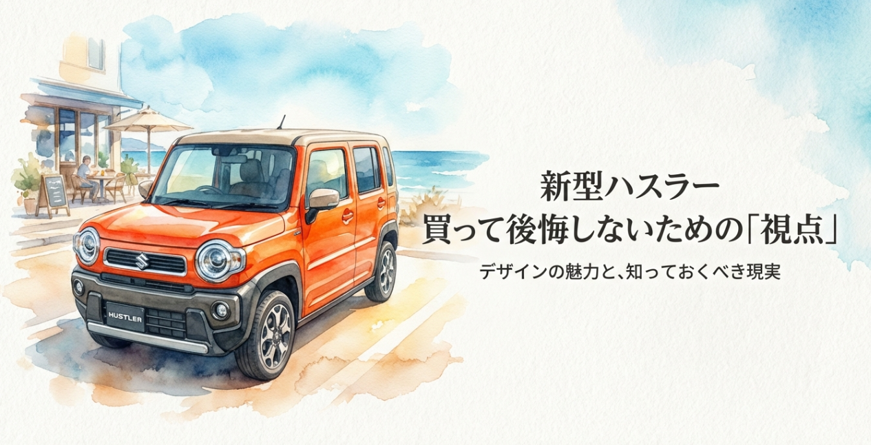 新型ハスラーの後悔ポイントを解説する記事の表紙スライド。オレンジ色のハスラーのイラストと「買って後悔しないための視点」のタイトル