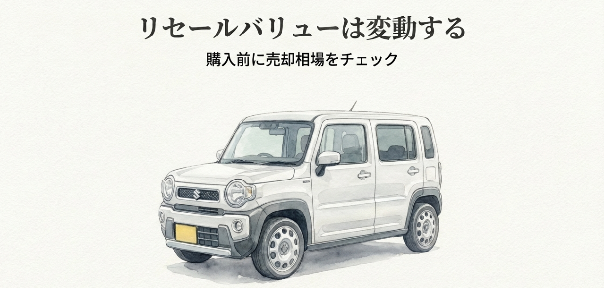 新型ハスラーのリセールバリューは変動するため購入前に売却相場を確認すべきことを示すスライド。白いハスラーのイラスト入り
