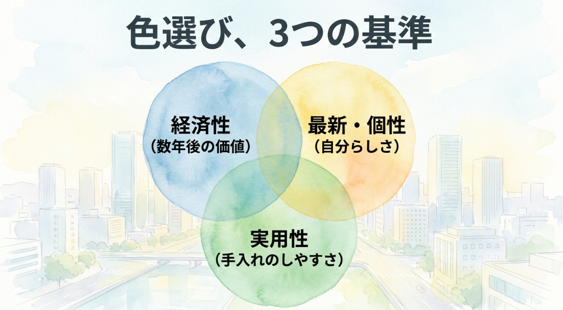新型セレナの色選びで重視したい経済性・最新感・実用性の3つの基準を示すスライド