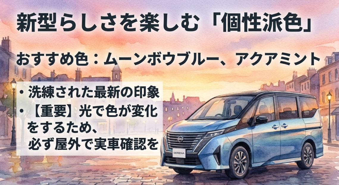 新型セレナで最新感や個性を楽しみたい人向けにムーンボウブルーとアクアミントを紹介するスライド