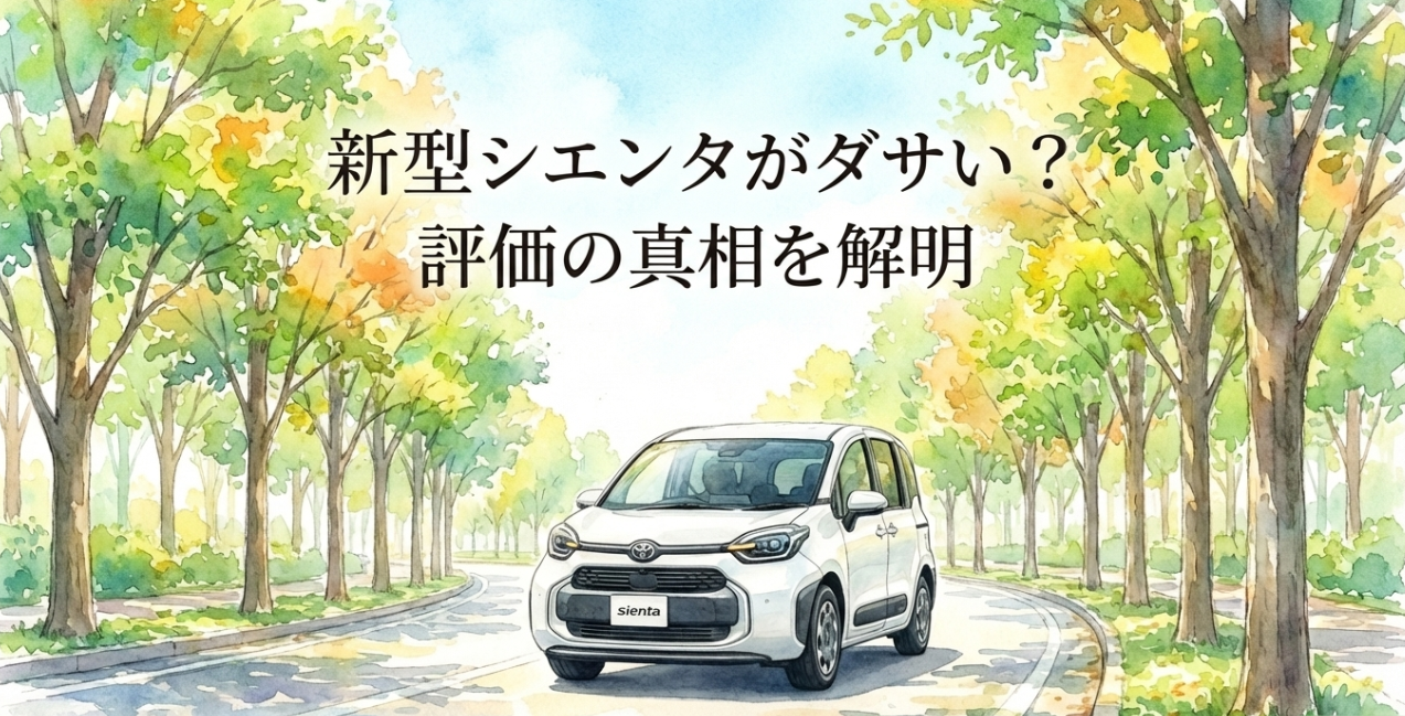 新型シエンタがダサいという評価の真相を解説するタイトルスライド。並木道を走る白い新型シエンタ。