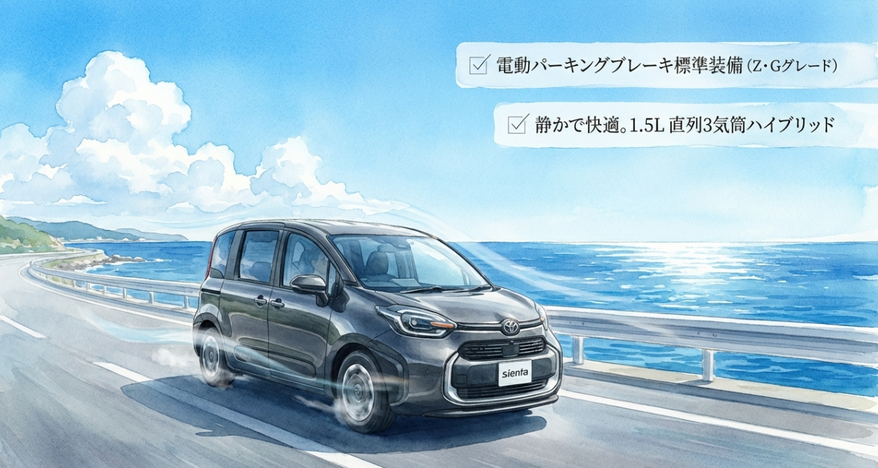電動パーキングブレーキ標準装備と1.5L直列3気筒ハイブリッドの特徴を示すスライド。海沿いを走るグレーの新型シエンタ。