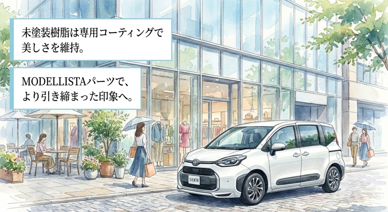 未塗装樹脂の美観維持とモデリスタカスタムによる引き締まった印象を紹介するスライド。街中に停まる白い新型シエンタ。