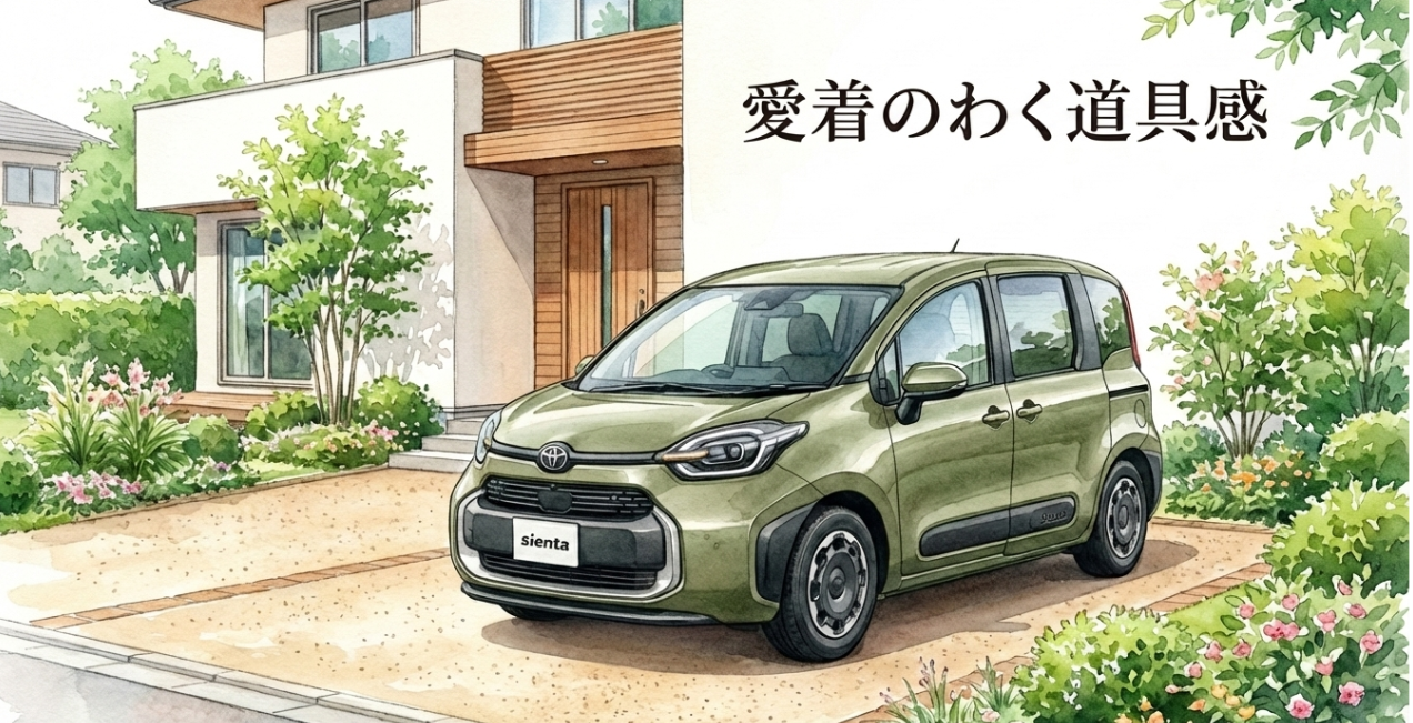 愛着のわく道具感を表現したスライド。住宅前に停まるカーキ色の新型シエンタ。