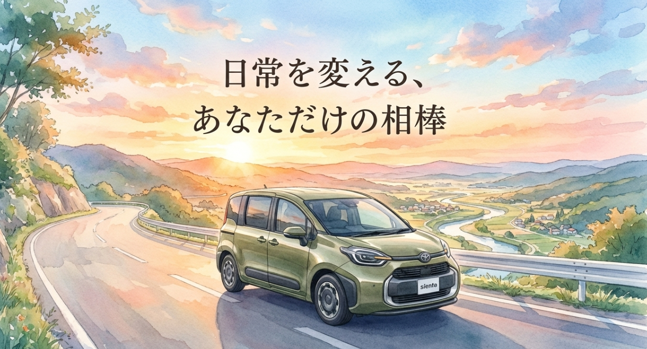 日常を変える相棒としての新型シエンタを表現した締めのスライド。夕景の道を走るカーキ色の新型シエンタ。