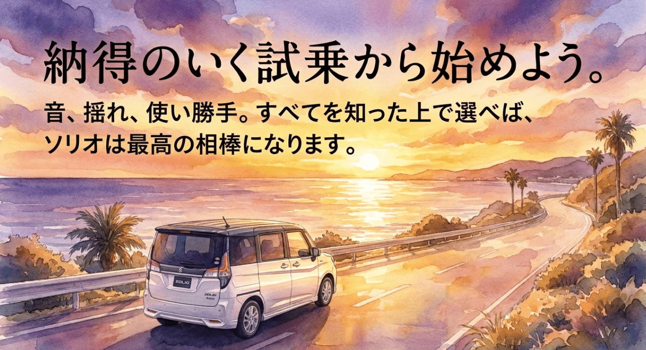新型ソリオは試乗で音や揺れや使い勝手を確認して納得して選ぶべきだと伝えるまとめ画像