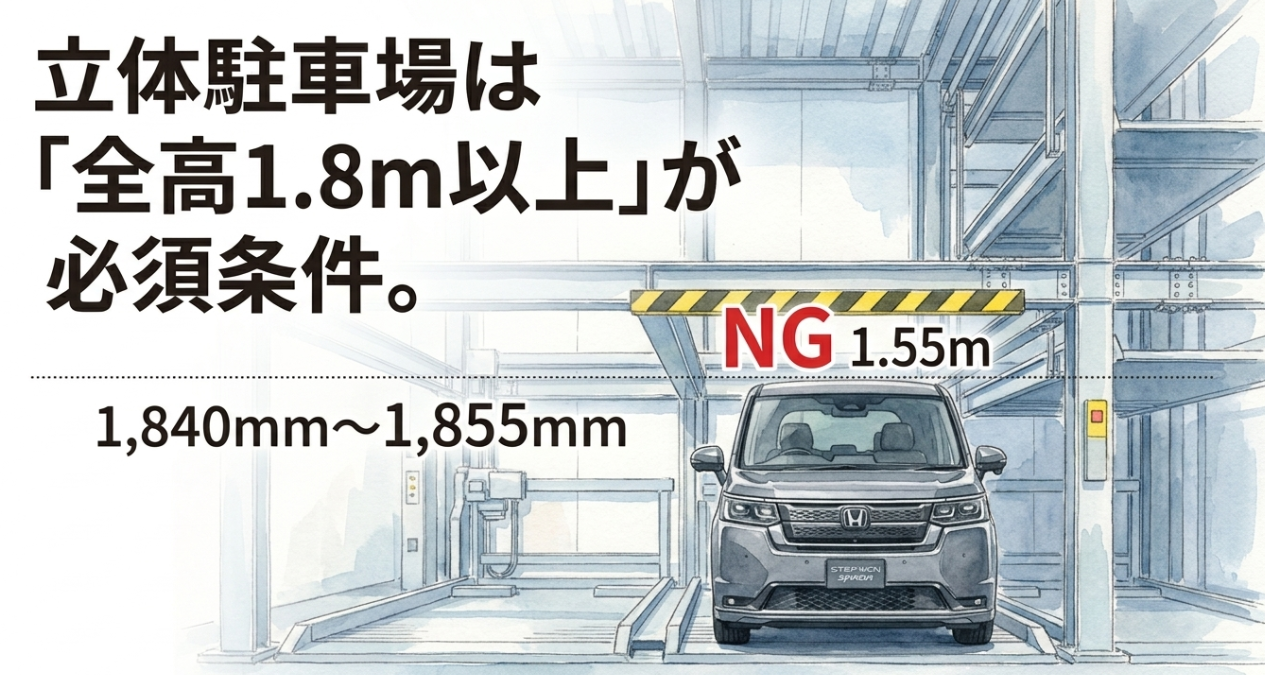 新型ステップワゴンは全高1840mmから1855mmで機械式立体駐車場の高さ制限に注意が必要なことを示すスライド