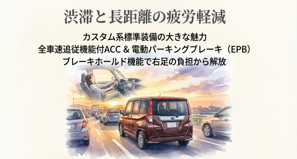 ルーミーのカスタム系に標準装備されるACCと電動パーキングブレーキのメリットを紹介したスライド。渋滞や長距離運転の負担軽減を説明